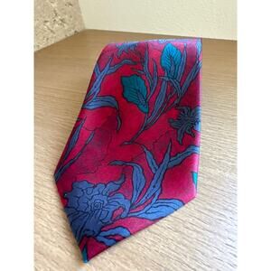 City Gold Men Neck Tie 100% Silk Made in Italy Red Blue Floral Leaves